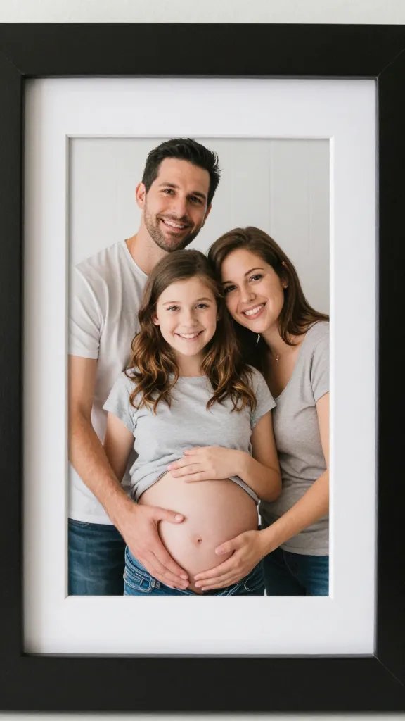Closeup of a family photo frame showing a gender-reveal moment