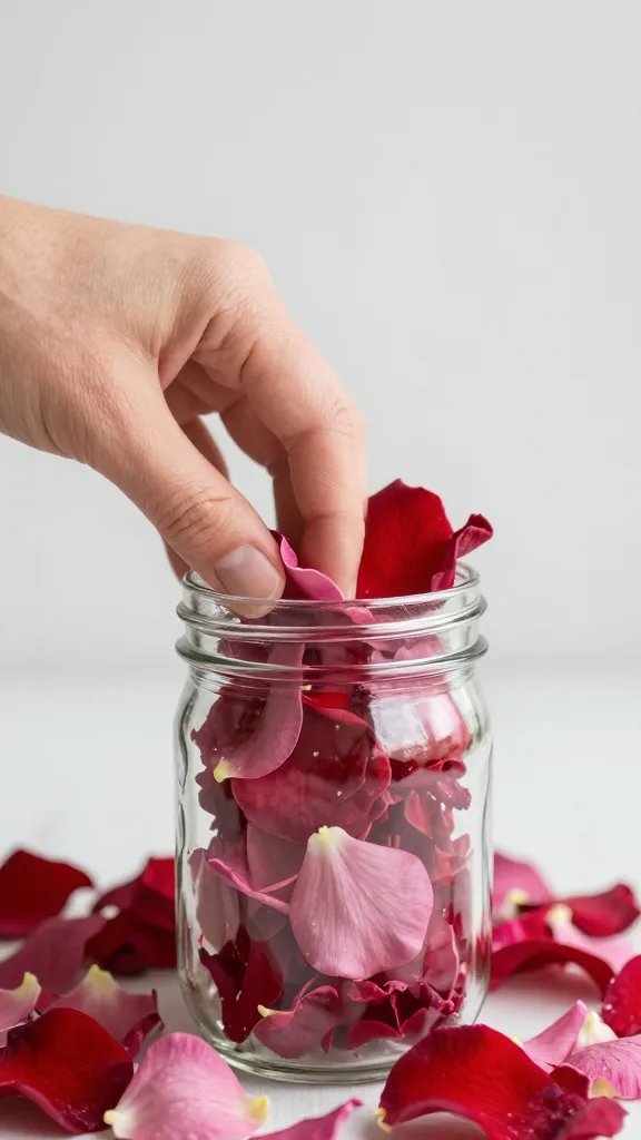 Closeup of a hand placing flower petals on a mason jar centerpiece