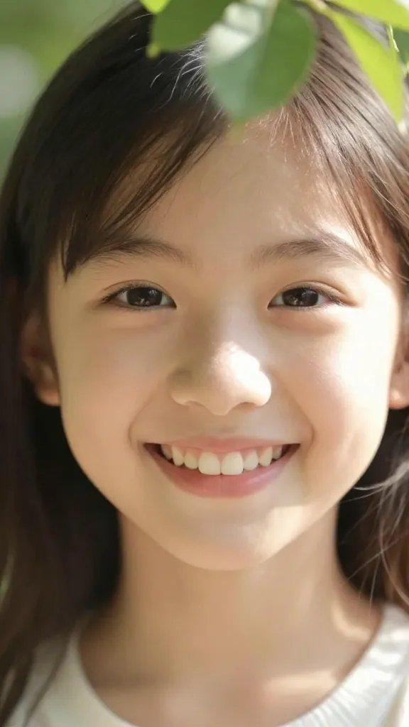 closeup of daughter’s radiant smile with sunlight through leaves