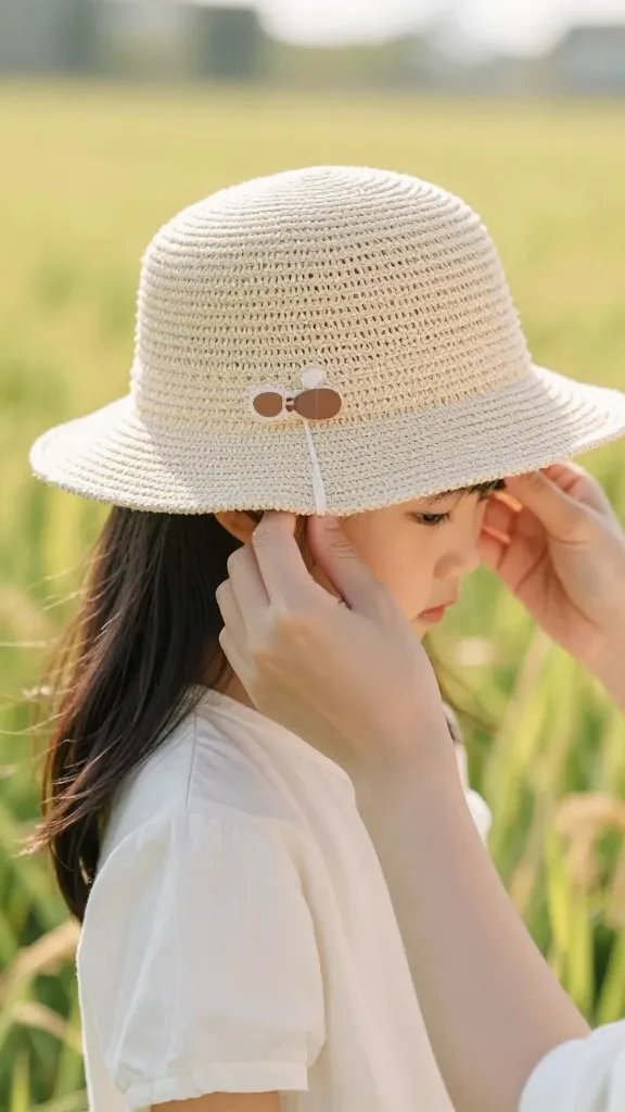 closeup of mother adjusting daughter’s hat in sunlit field