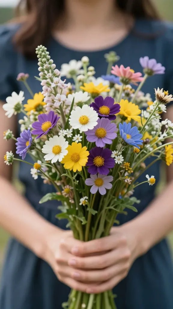 closeup of bouquet of wildflowers held by mother