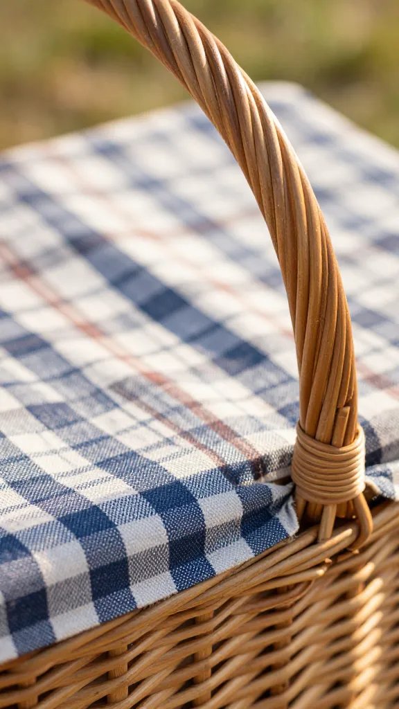 closeup of sunlit picnic basket handle and fabric texture
