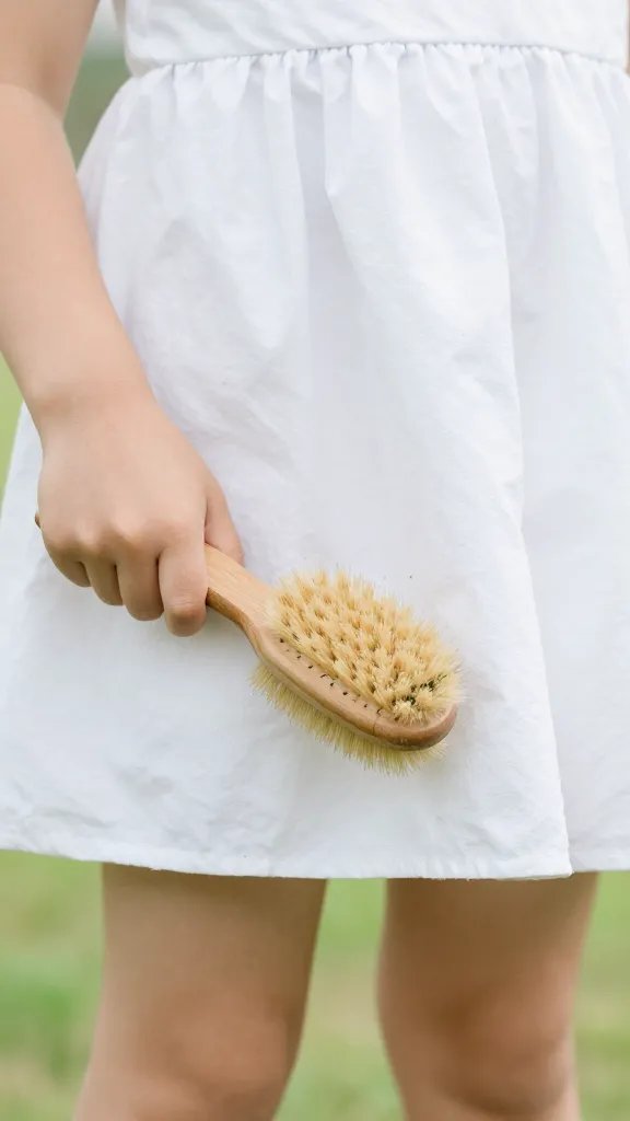 closeup of daughter brushing grass specks from dress hem