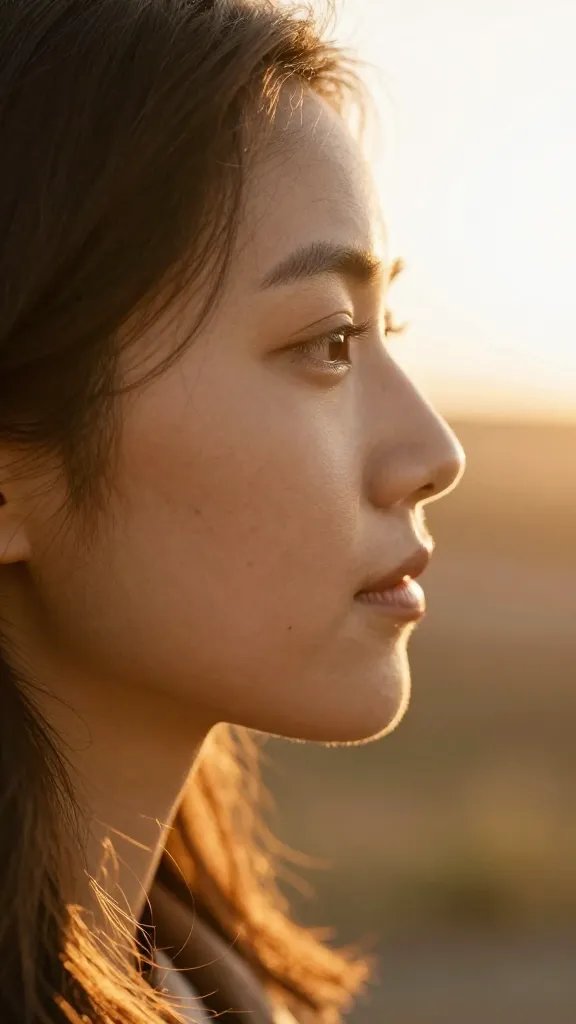 closeup of mother’s profile with warm golden hour backlight