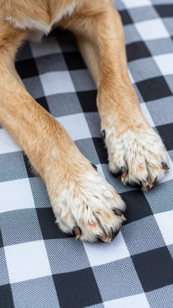 Closeup of a dog paws resting on a checkered picnic cloth