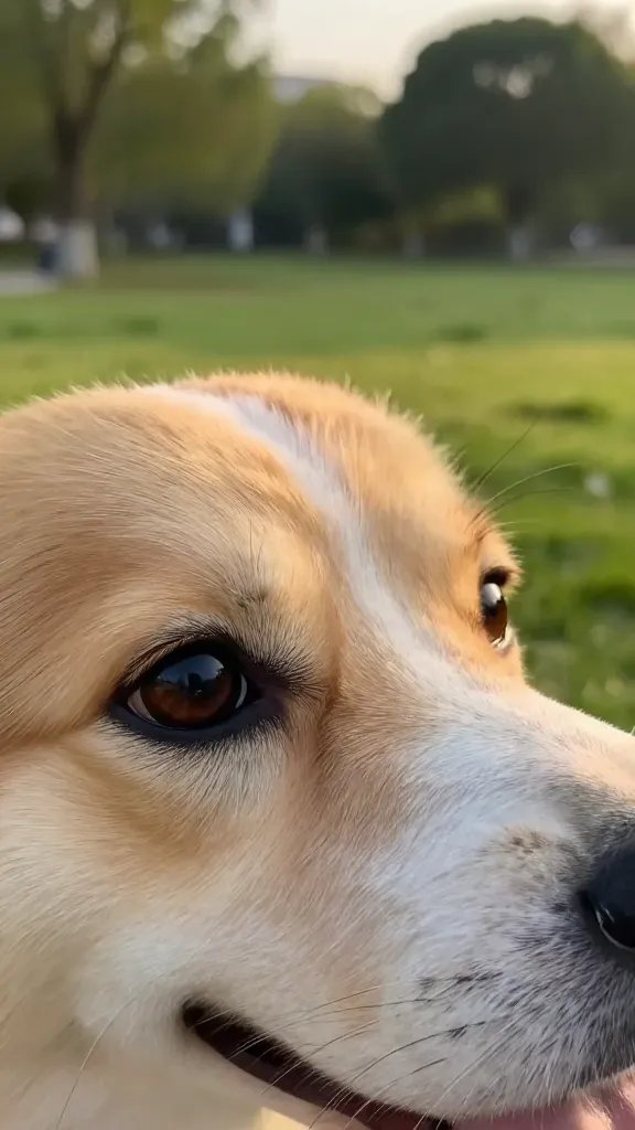 Closeup of a dog eyes catching golden hour light in a park