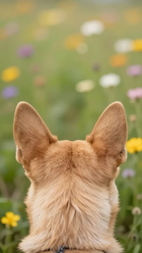 Closeup of a dog ears with wildflowers blurred background