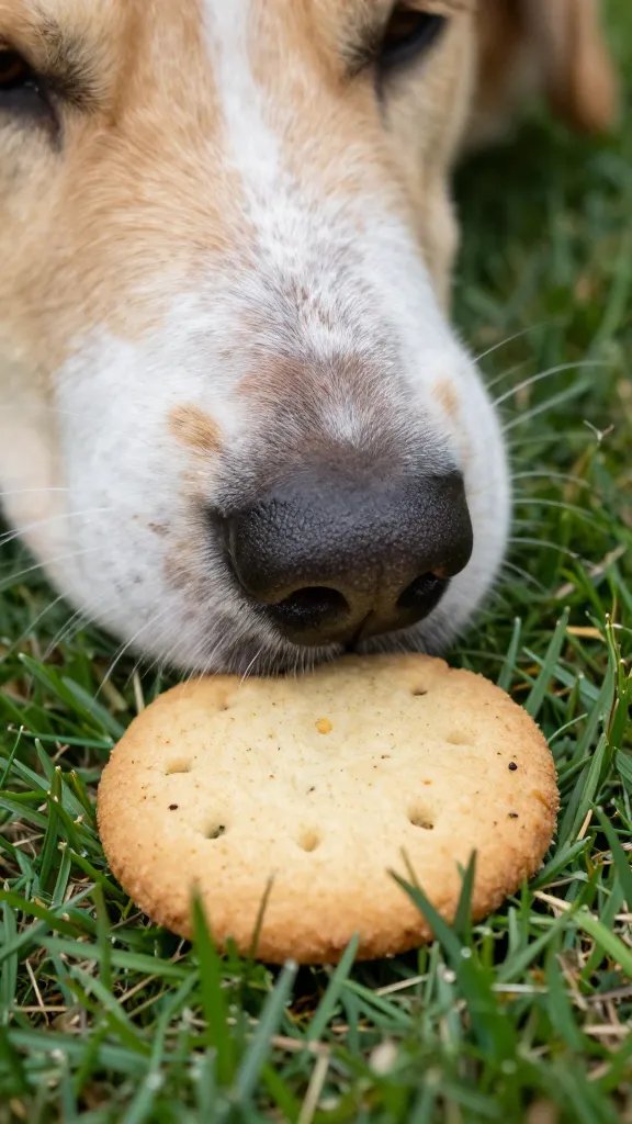 Closeup of a dog nose touching a biscuit on matting grass