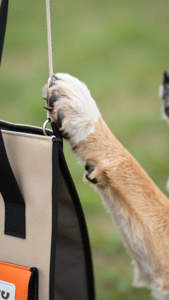 Closeup of a dog pawing at a dangling string from a picnic bag
