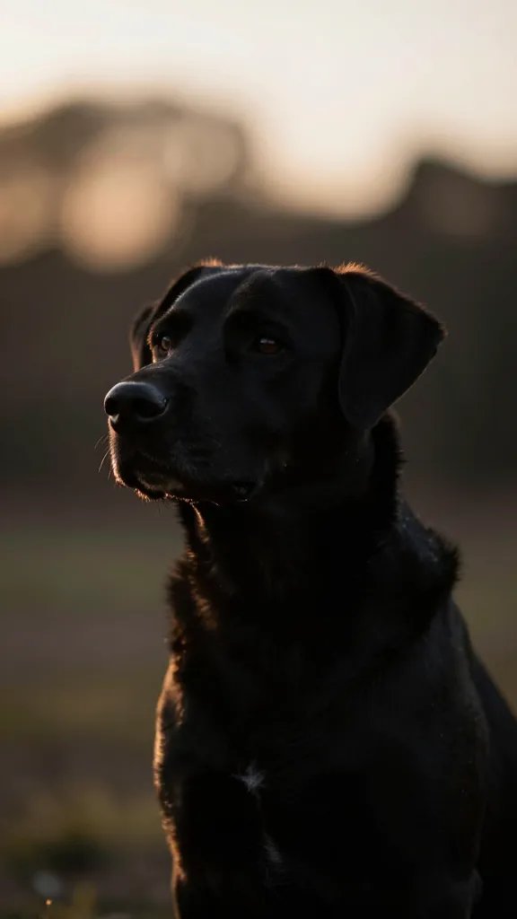 Closeup of a dog silhouette against sunlit distant trees (single subject, sharp focus)
