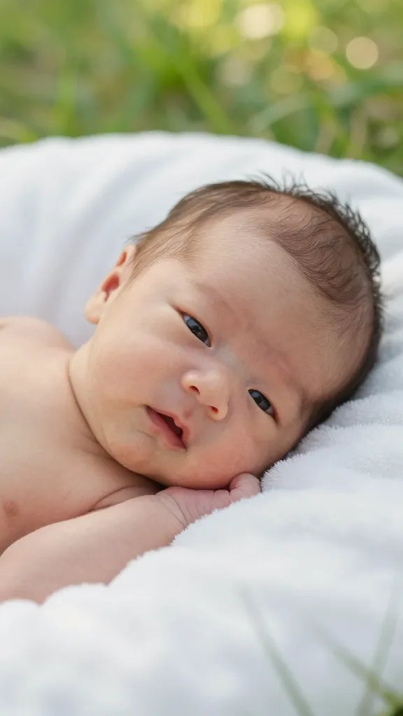 Closeup of newborn in soft blanket on sunlit grass