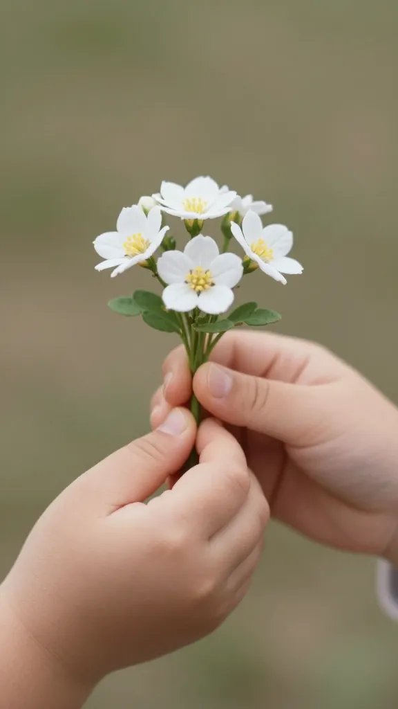 Focused shot of tiny hands clutching a tiny bouquet