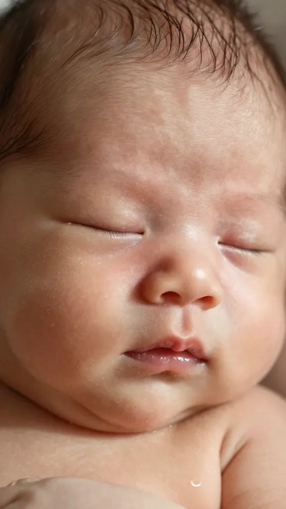 Closeup of sleepy newborn face with dappled sunlight