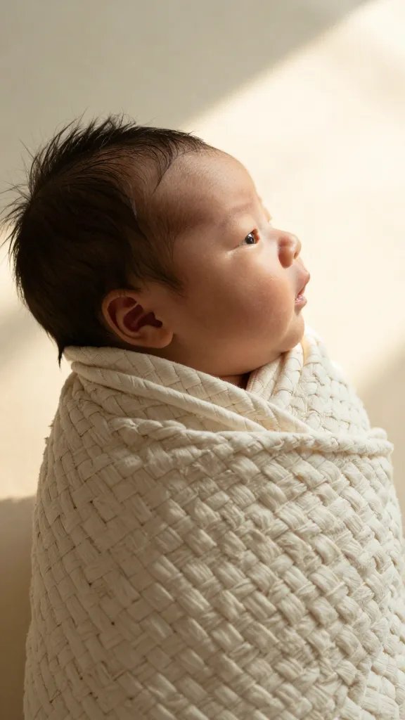 Side profile of newborn in woven burp cloth, sun backdrop