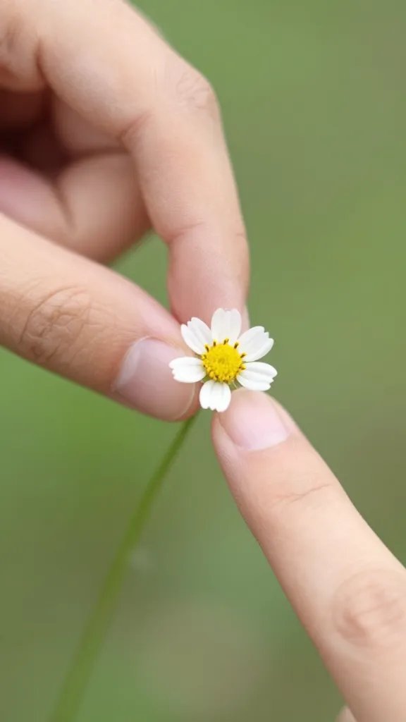 Closeup of tiny fingers touching a single wildflower