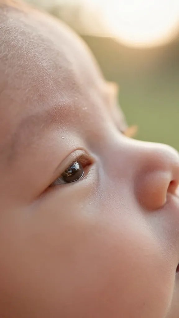 Macro of newborn’s eyelashes with warm backyard light