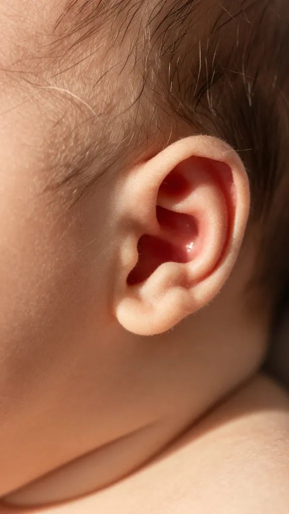 Intimate shot of newborn ear against sunlit skin tones