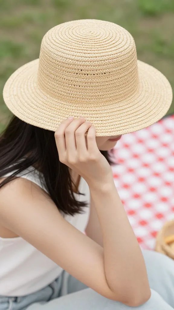 closeup of a solo woman adjusting straw hat at picnic blanket
