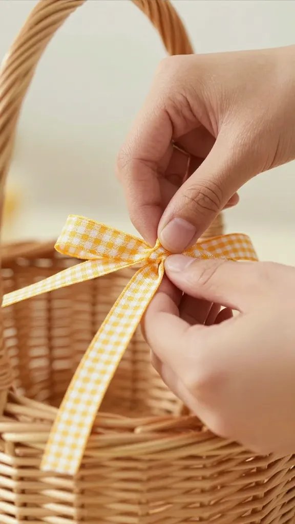 closeup of hand tying a gingham ribbon on a wicker basket