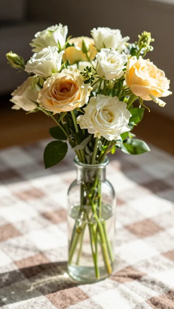 closeup of sunlit bouquet in glass bottle on checkered blanket