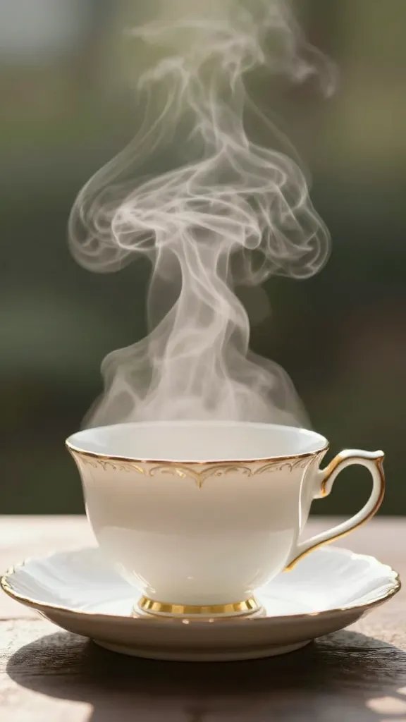closeup of vintage teacup steam rising with soft park light