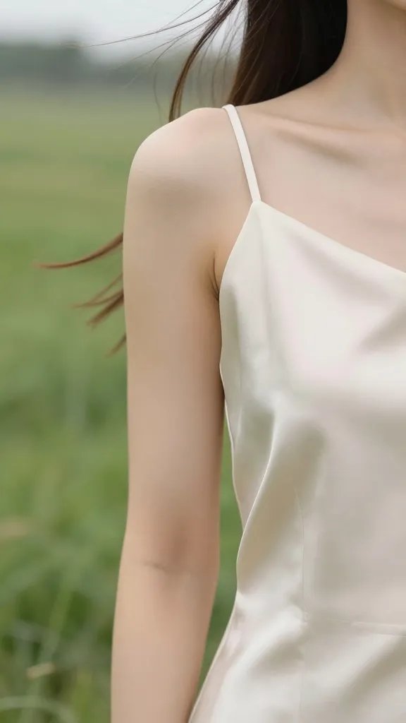 closeup of satin slip dress sleeve catching breeze in meadow