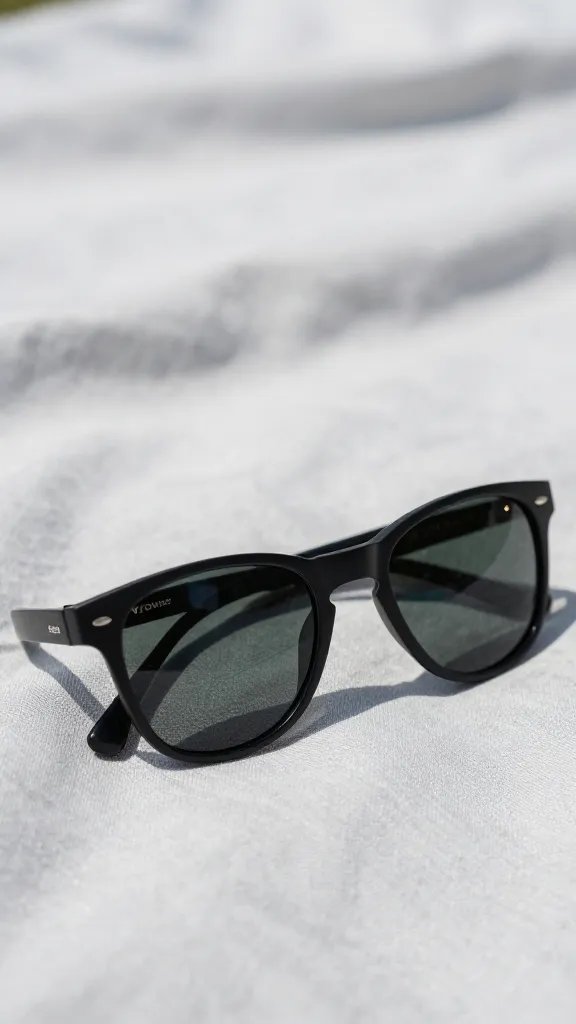 closeup of sunglasses resting on picnic blanket against soft shadows