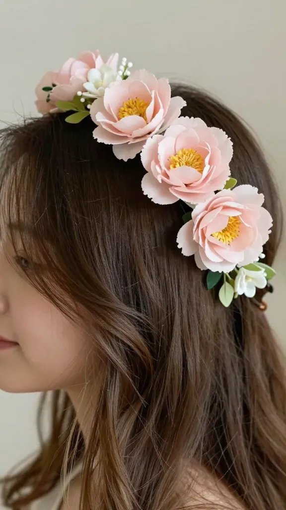 closeup of floral headpiece pinned in hair with natural glow