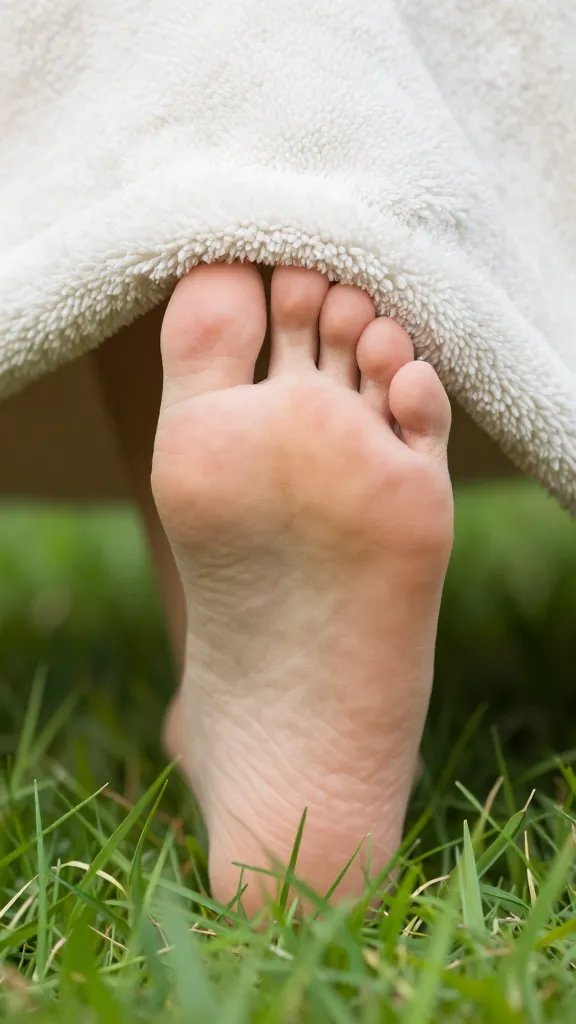 closeup of bare foot peeking from blanket edge with grass vignette