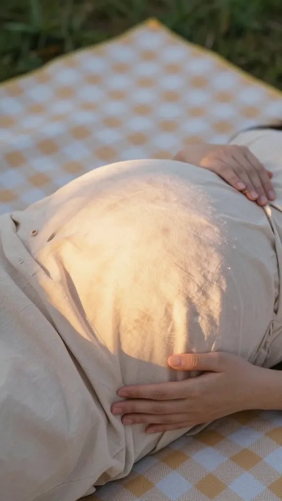 closeup of chúmping maternity belly in picnic blanket glow