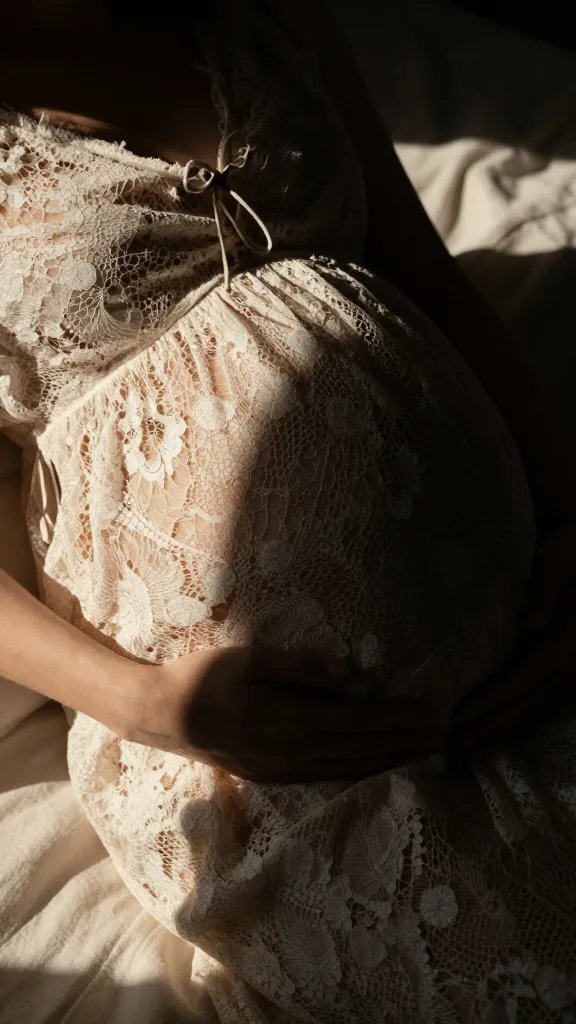 closeup of pregnant silhouette under sunlit lace dress on blanket