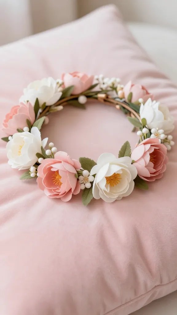 closeup of floral headpiece resting on soft pastel pillow