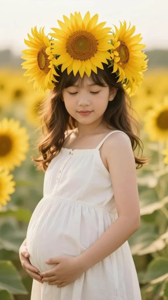closeup of baby bump with sunflower crown and meadow light