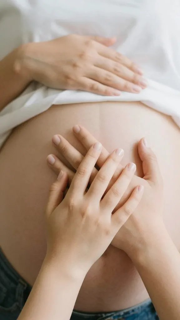 closeup of tiny hands touching partner’s hand over belly