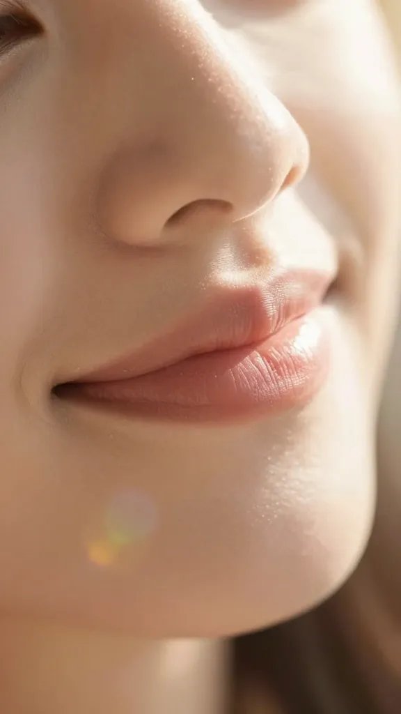 closeup of maternity lips smiling softly with sunlight lens flare