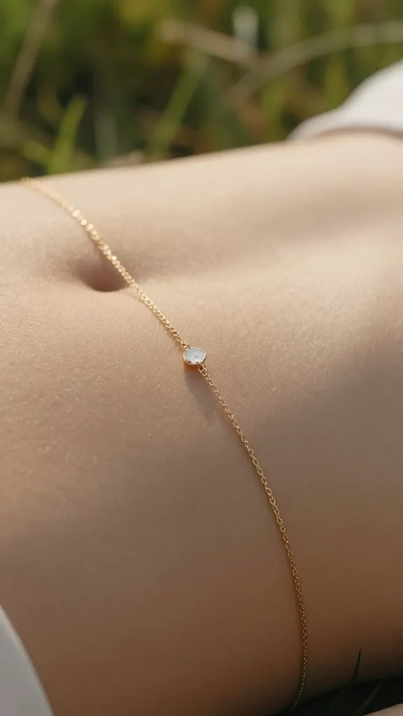 closeup of delicate jewelry reflecting natural field light on belly