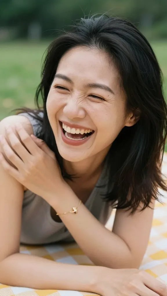 closeup of a mother laughing with a picnic blanket in shade