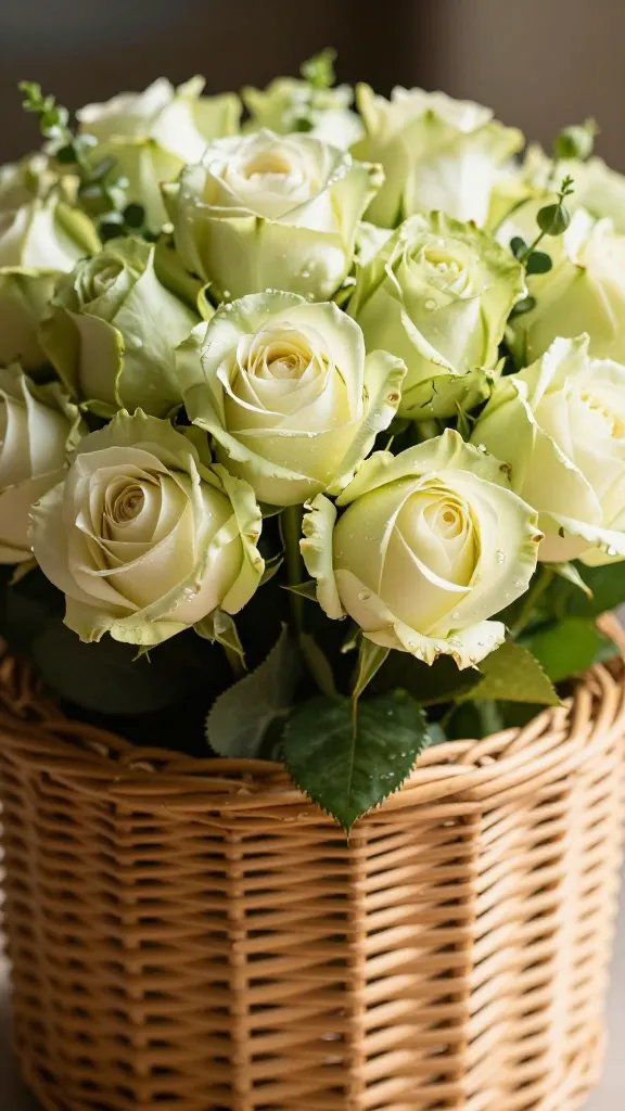 closeup of a sunlit bouquet in a wicker basket