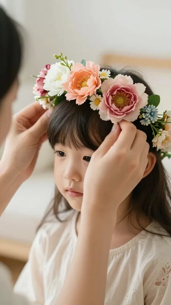 closeup of a mother adjusting a child's flower crown