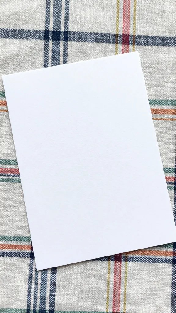 closeup of a handmade picnic card resting on plaid fabric