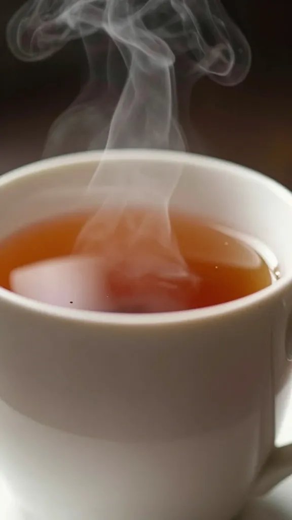 closeup of a mug of tea with steam in dappled shade