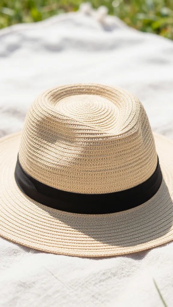 closeup of a single sunhat on a grass blanket