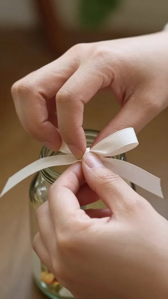 closeup of a mother’s hands tying a ribbon on a jar