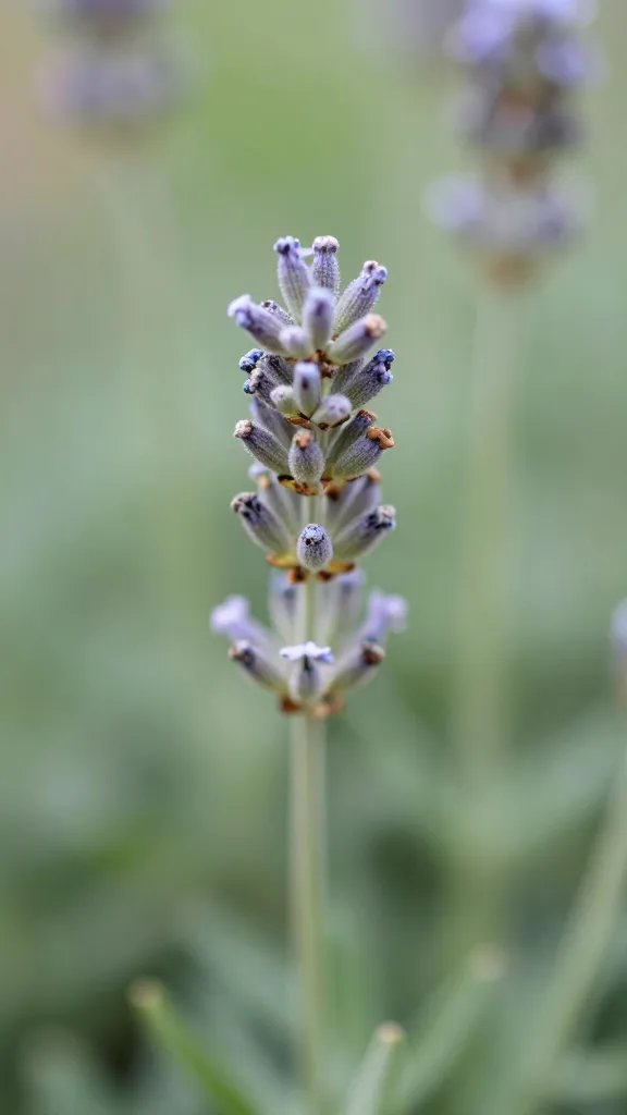 closeup of a single lavender sprig against soft foliage