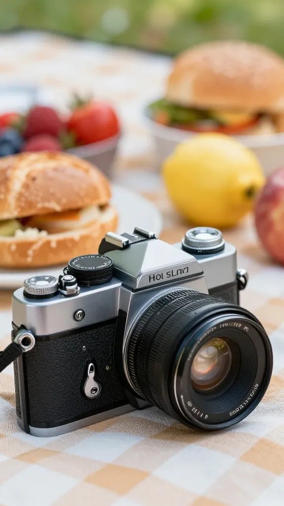 closeup of a vintage camera resting beside picnic foods
