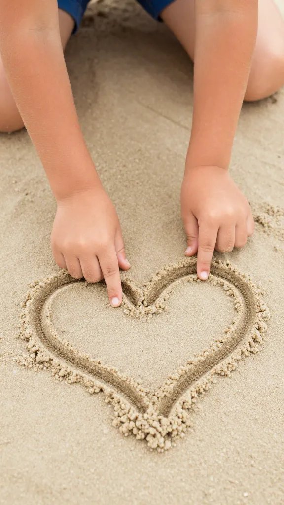 closeup of a child’s hands tracing a heart drawn in sand