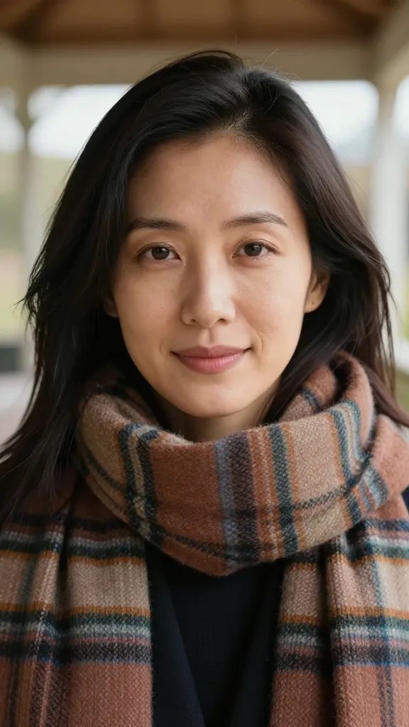 closeup portrait of a woman in plaid scarf under gazebo lighting