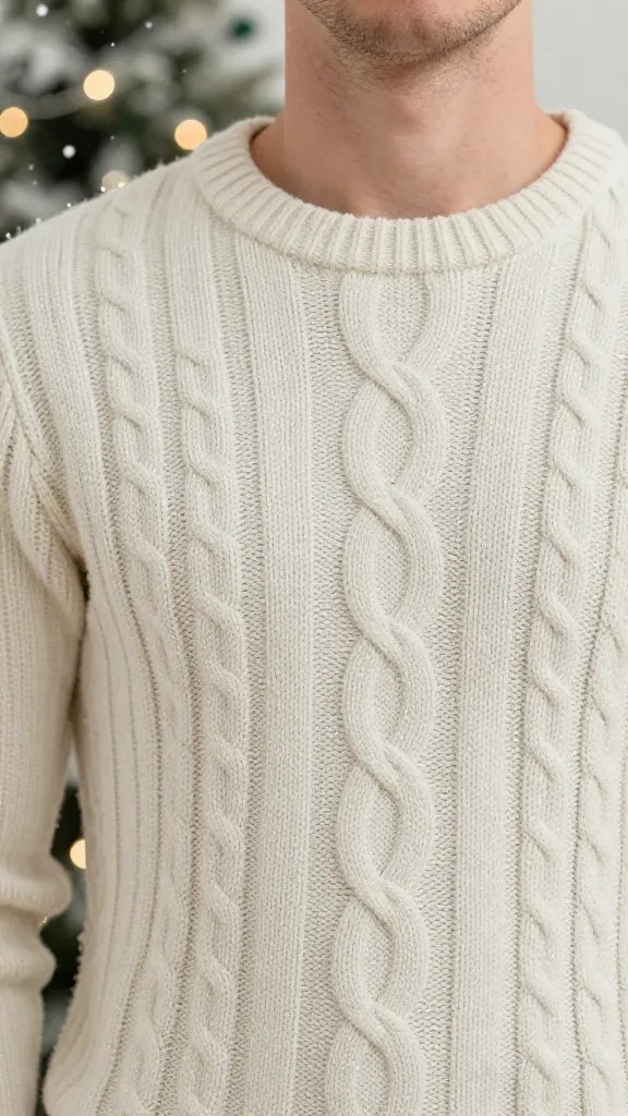 closeup of man in cable-knit sweater with festive bokeh snow
