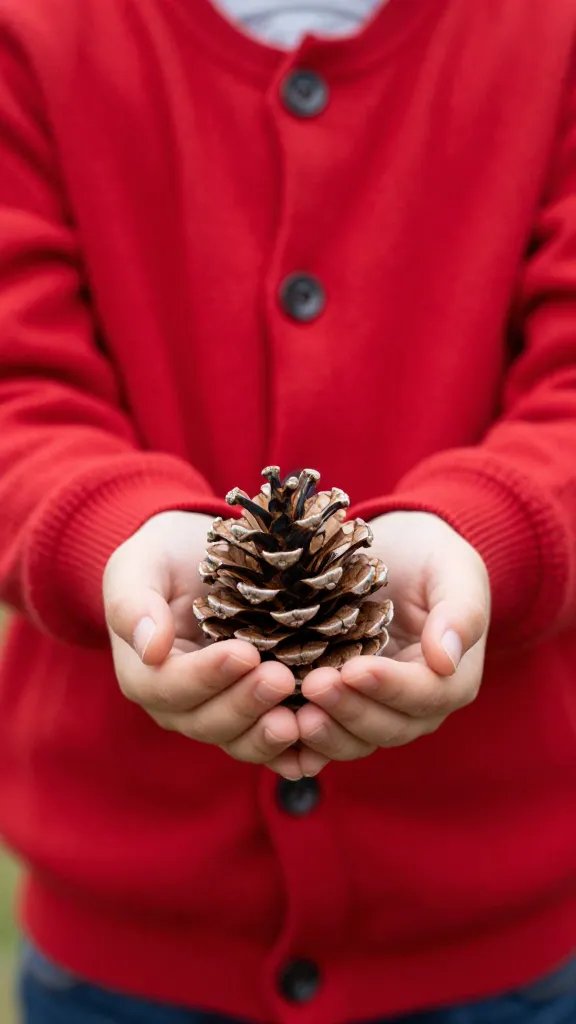 closeup of child in red cardigan holding a pine cone