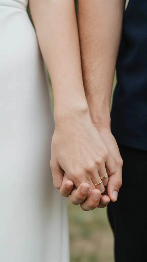 closeup portrait of couple’s hands clasped, warm ring details visible